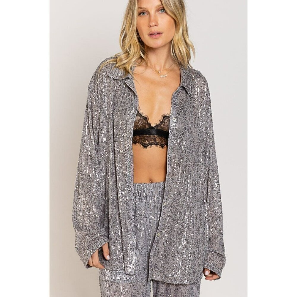 Life's a Party Sequin Button-Up Shirt in Grey - Picture 5 of 12